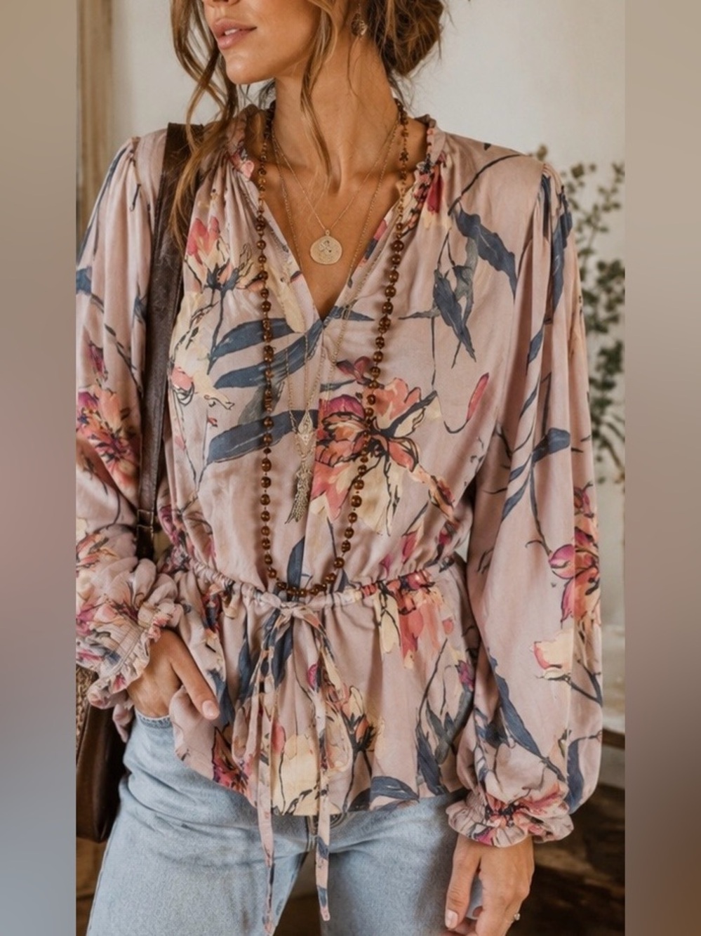 A NEW DAY Floral Boho Peasant Blouse With Tie Waist | Small/Medium
